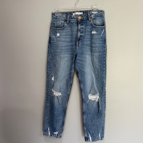 Zara Denim - Zara Women High Rise Distressed Mom Jeans Blue Medium Wash Size 8 Tapered Leg